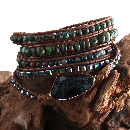 Fashion Boho Bracelet African Turquoise Natural Stones Grass Green Charm 5 Strands Woven Wrap Bracelets Gift