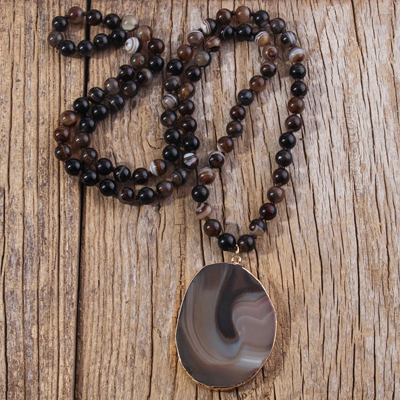 Fashion Boho Beaded Necklace Natural Stone Bohemai Beads Knotted Agt Stones Pendant Necklaces For Women Gift