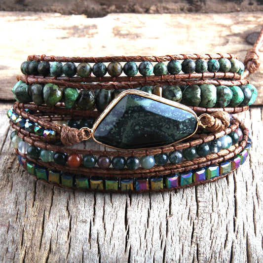 Fashion Boho Bracelet African Turquoise Natural Stones Grass Green Charm 5 Strands Woven Wrap Bracelets Gift