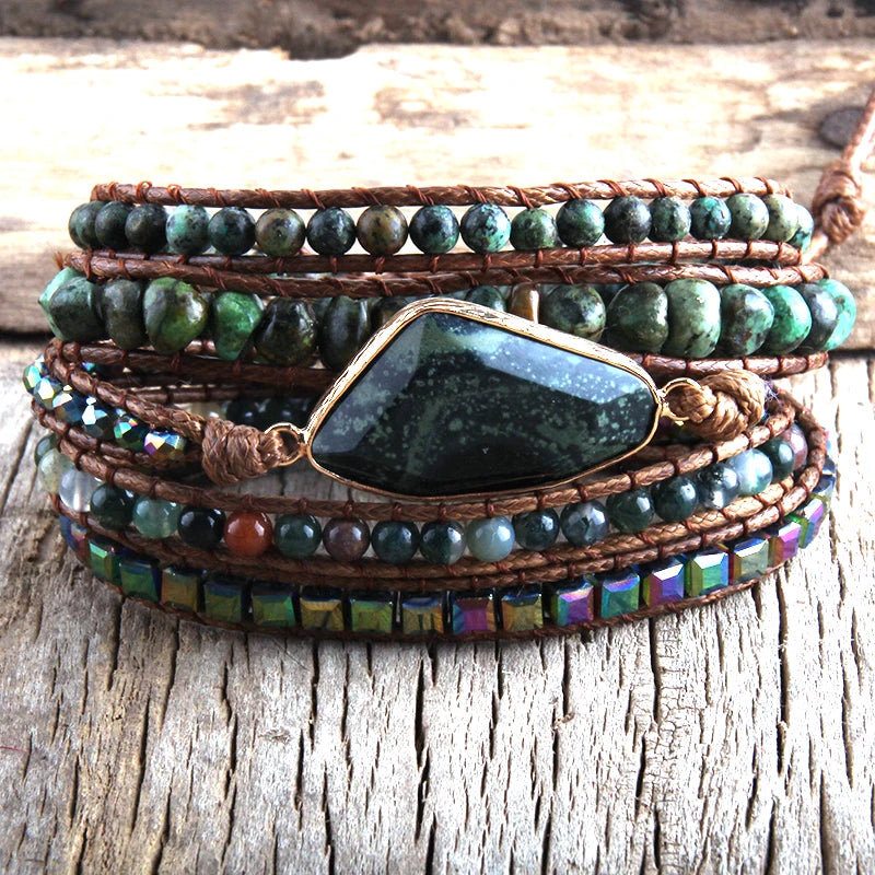 Fashion Boho Bracelet African Turquoise Natural Stones Grass Green Charm 5 Strands Woven Wrap Bracelets Gift