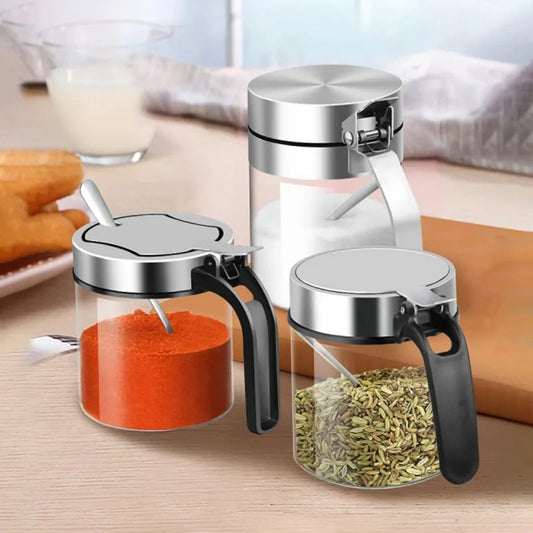 1Pcs Glass Seasoning Jar Stainless Steel Lid With Spoon Condiment Bottle Salt Shaker Kitchen Supplies Storage Set Spice Boxes