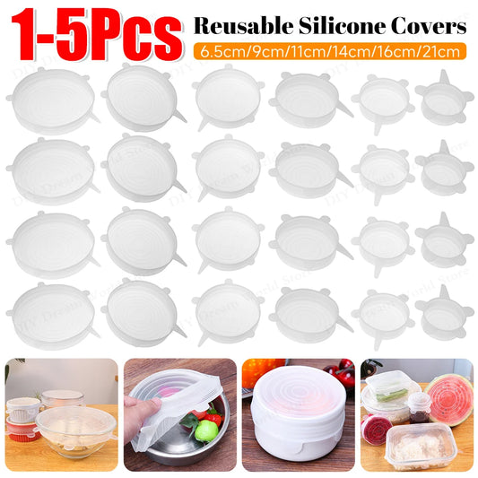 1/5pcs Silicone Preservation Cover Reusable Airtight Food Universal Dish Stretch Round Lids Food Grade Storage Covers For Kitch