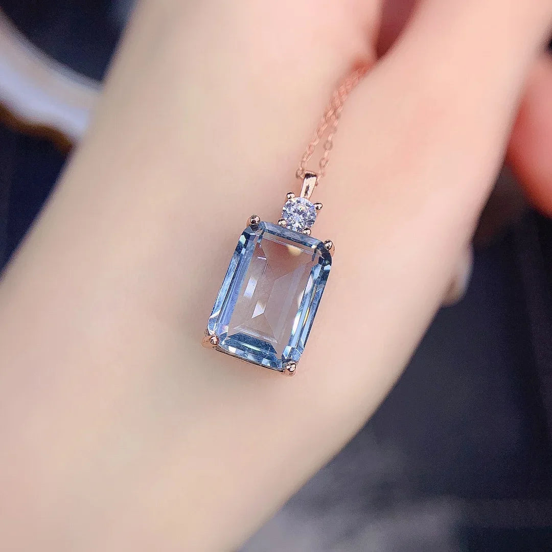 Necklace Women's Silver 925 Jewelry Natural Aquamarine Light Blue Gemstone Women's Pendant Gemstone Free shipping