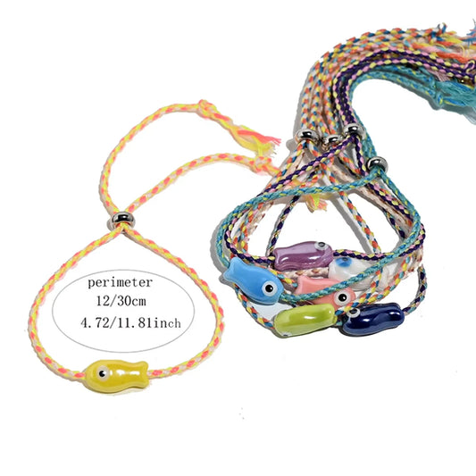 Set of 10Pcs Ceramic Fish Bracelet for Women Handmade Woven Colored Rope Boho Wrap Charm Bracelet Friendship Popular Jewelry