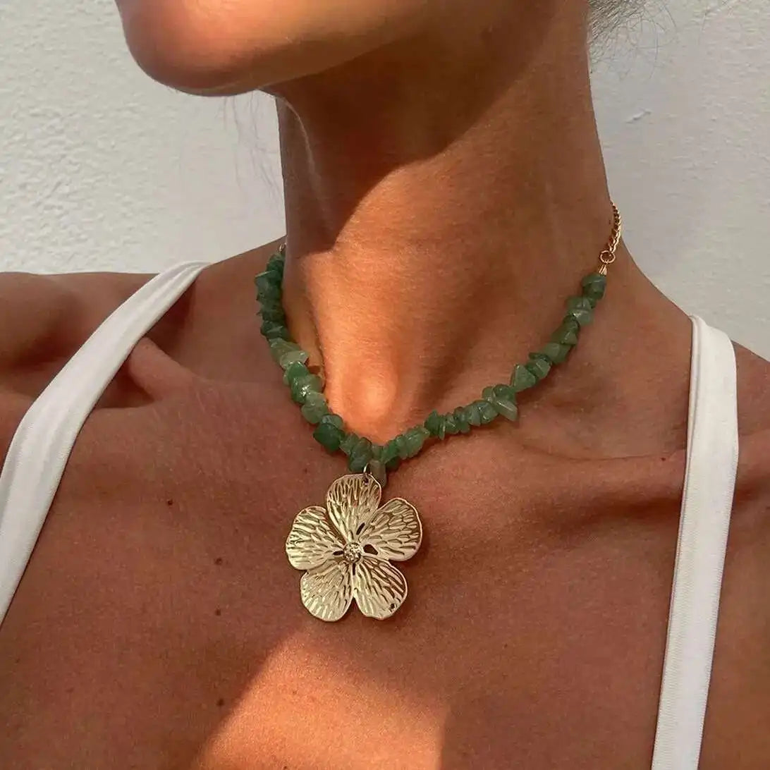 IngeSight.Z Boho Irregular Natural Stone Necklace Women 2025 Trendy Exquisite Metal Flower Clavicle Chain Beach Party Jewelry