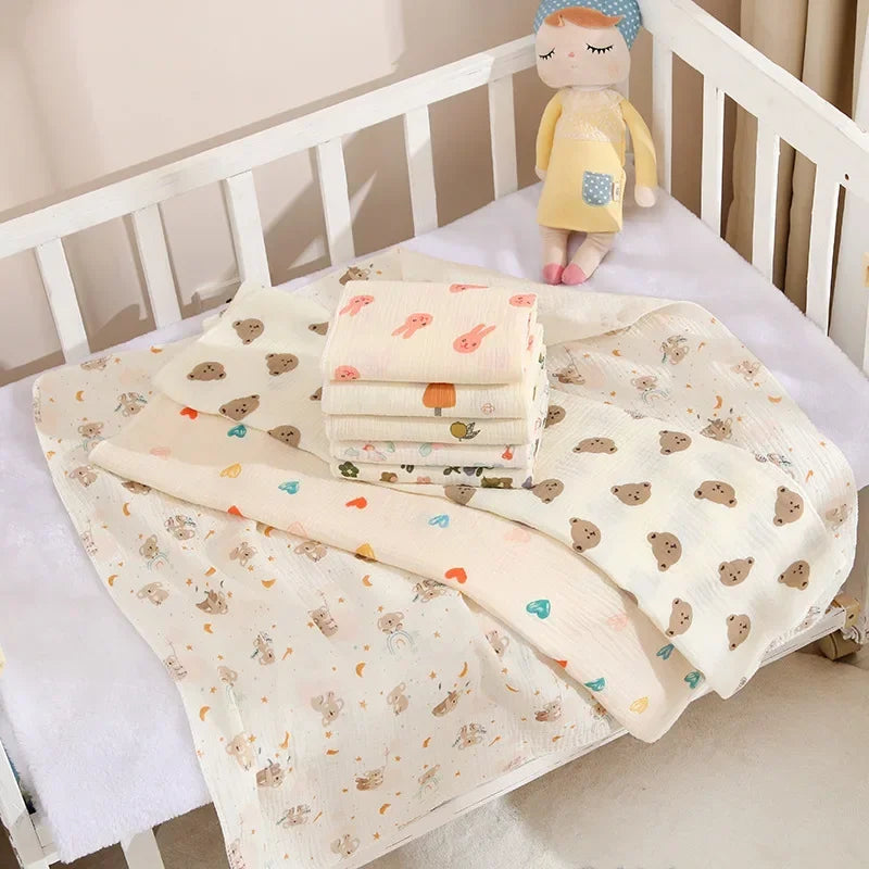 Baby Swaddle Blanket Double Layer Muslin Cartoon Print Soft Newborn Cotton Swaddling Wrap Baby Stroller Cover Bedding 80*80cm