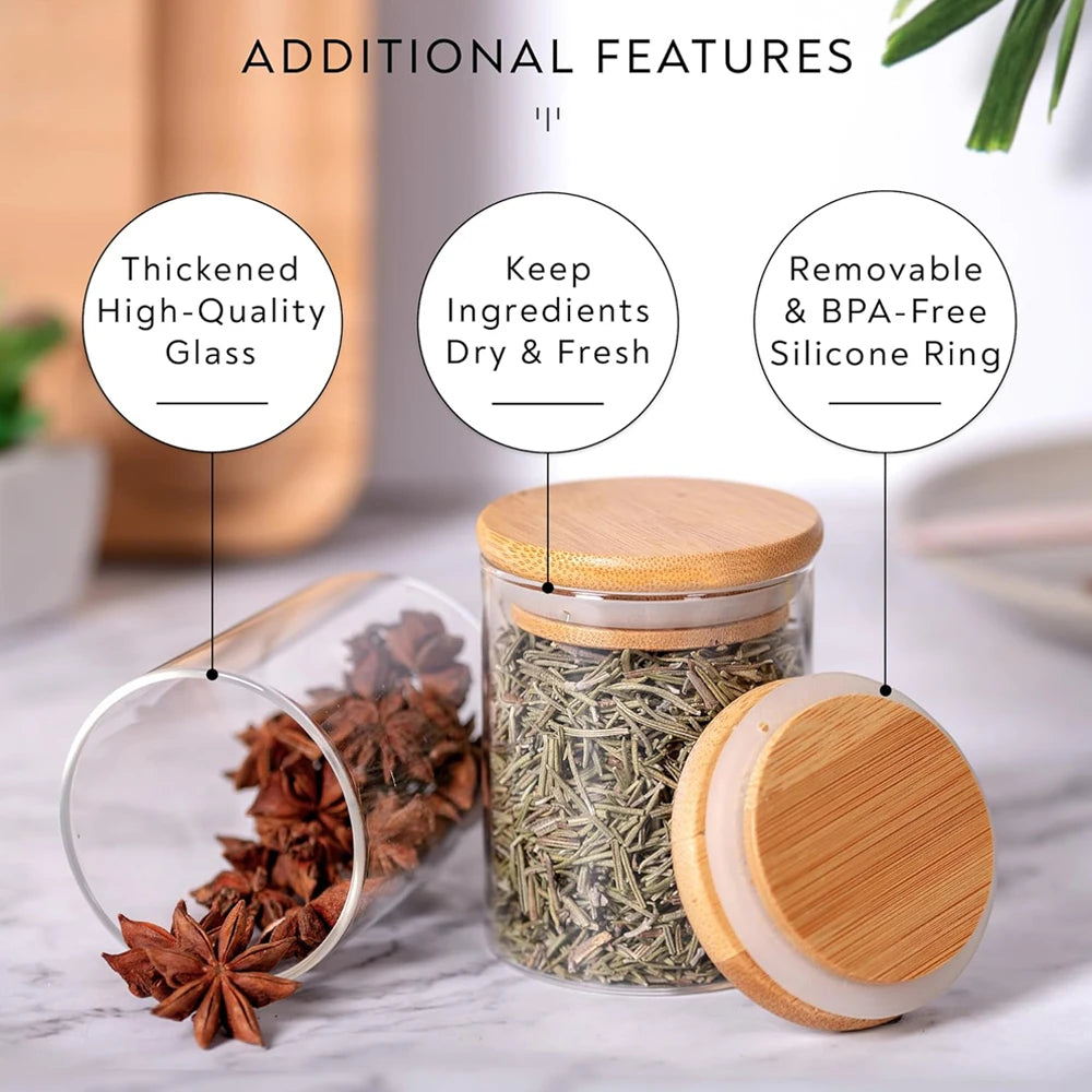 12Pcs Glass Spice Jars with Bamboo Airtight Lids 6.5oz Small Food Storage Containers for Kitchen, Seasoning, Coffee, Herb