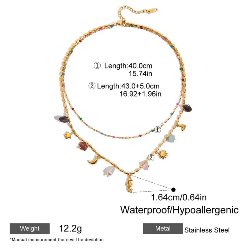 Boho Irregular Natural Stone Rhinestone Faux Pearl Sea Horse Star Moon Pendant Necklaces for Women Double Layers Choker Jewelry