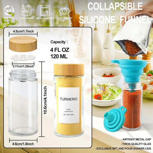 12Pcs Glass Spice Jars with Bamboo Lid Round Spice Seasoning Containers Salt Pepper Shaker Spice Organizer Kitchen Spice Jar Set