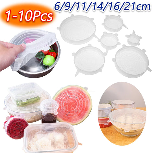 1-10Pcs Silicone Cover Stretch Lids Reusable Food Wrap Covers Keeping Fresh Seal Bowl Stretch Wrap Cover Kitchen Cookware