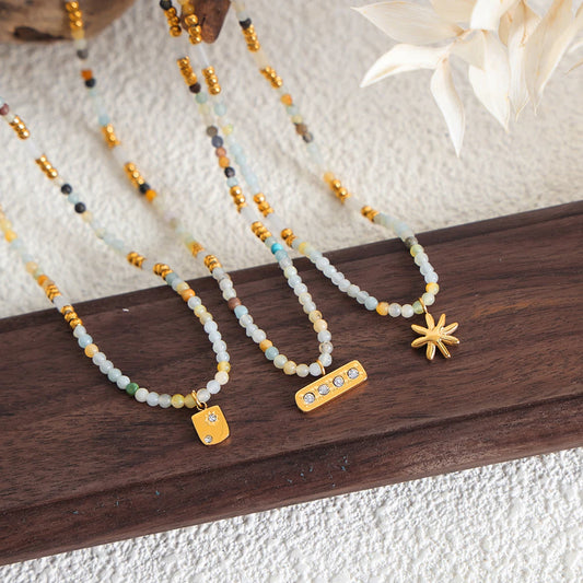 Natural Stone Bead Chain Necklace for Women Fashion Square Stainless Steel Pendant Boho Crystal Jewelry Girl Accessories