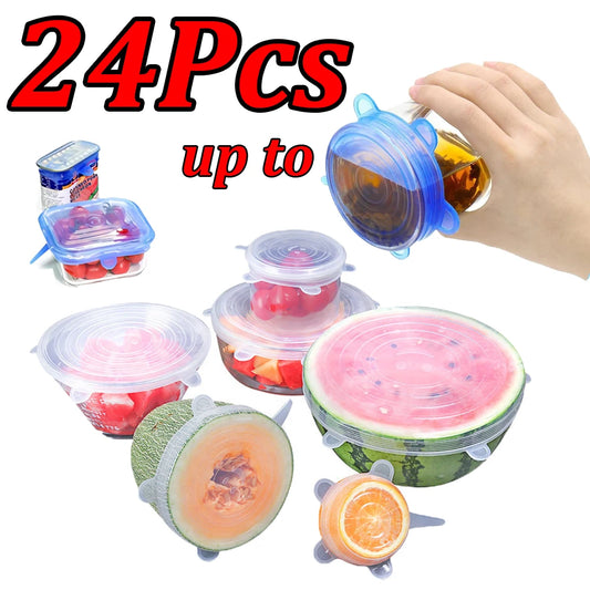 24-6Pcs Reusable Food Silicone Stretch Lids Elastic Silicone Lid Cap Food Covers for Bowl Cups Containers Keep Food Fresh
