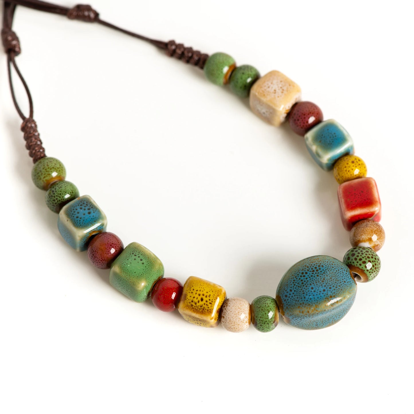 Boho Ceramic Beaded Necklace for Women Adjustable Handmade Simple Long Pendant Ethnic Style Jewelry