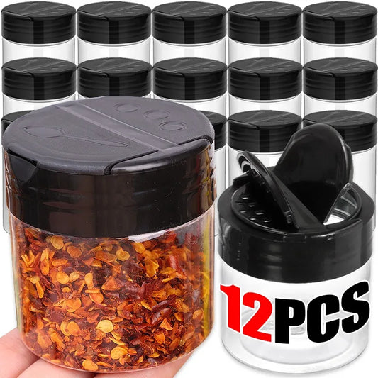 12/1Pcs Clear Plastic Spice Jars with Black Lids Reusable Screw-Top Containers for Kitchen Herbs Powders Peppers Grilling Jars