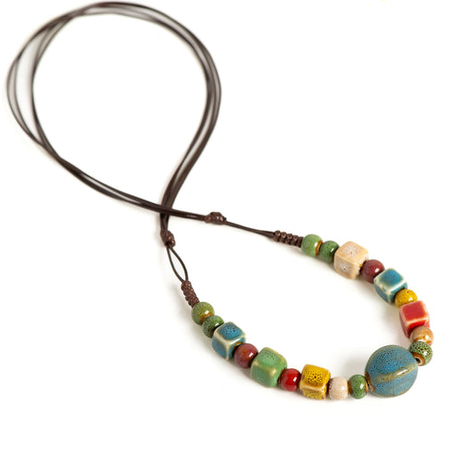 Boho Ceramic Beaded Necklace for Women Adjustable Handmade Simple Long Pendant Ethnic Style Jewelry