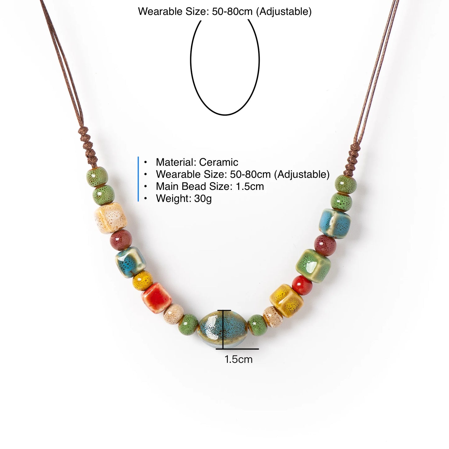 Boho Ceramic Beaded Necklace for Women Adjustable Handmade Simple Long Pendant Ethnic Style Jewelry