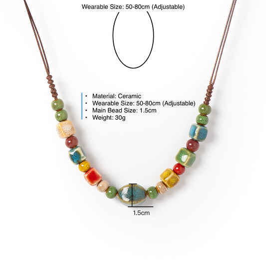 Boho Ceramic Beaded Necklace for Women Adjustable Handmade Simple Long Pendant Ethnic Style Jewelry