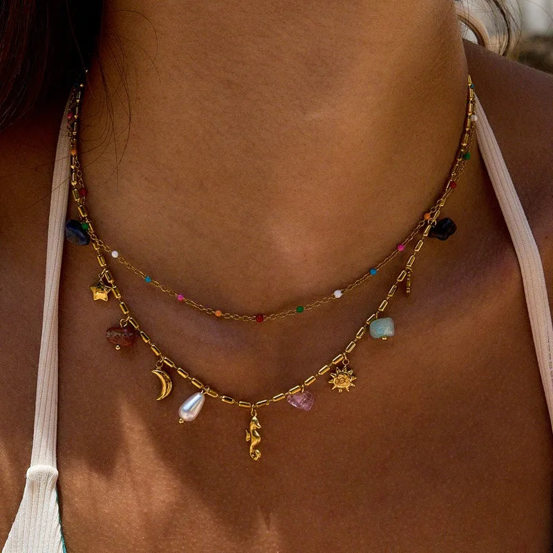 Boho Irregular Natural Stone Rhinestone Faux Pearl Sea Horse Star Moon Pendant Necklaces for Women Double Layers Choker Jewelry