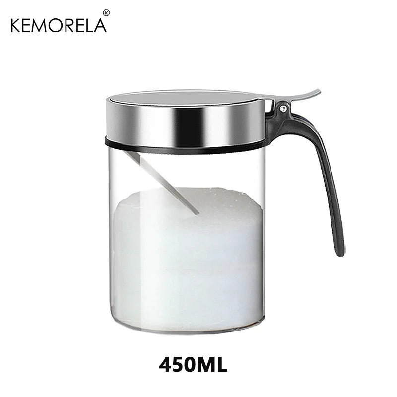 1Pcs Glass Seasoning Jar Stainless Steel Lid With Spoon Condiment Bottle Salt Shaker Kitchen Supplies Storage Set Spice Boxes