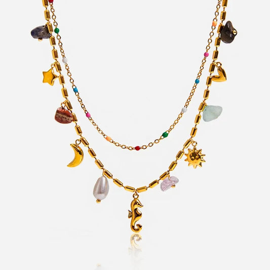 Boho Irregular Natural Stone Rhinestone Faux Pearl Sea Horse Star Moon Pendant Necklaces for Women Double Layers Choker Jewelry