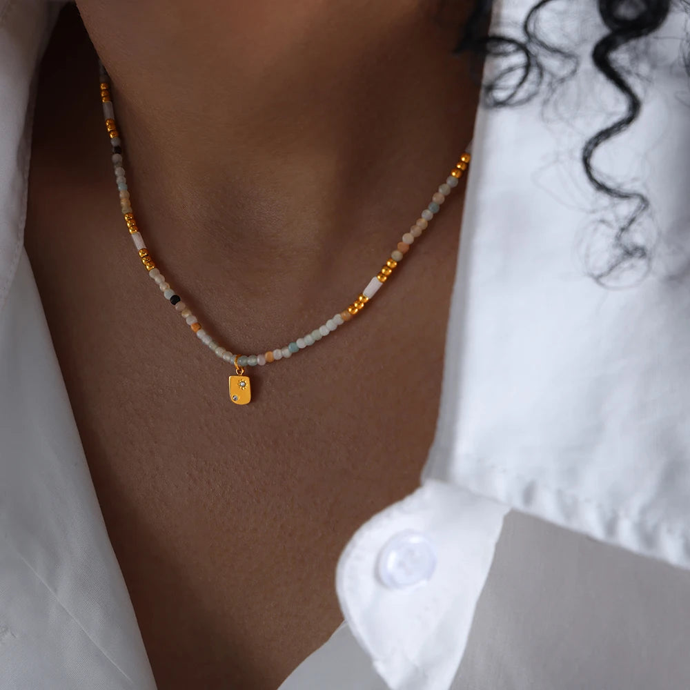 Natural Stone Bead Chain Necklace for Women Fashion Square Stainless Steel Pendant Boho Crystal Jewelry Girl Accessories