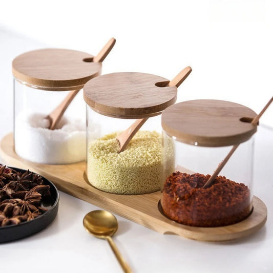 3Pcs Condiment Jars Set Clear Glass Bamboo Lid Spice Jar with Spoon Kitchen Sugar Salt Spices Storage Box Household Container