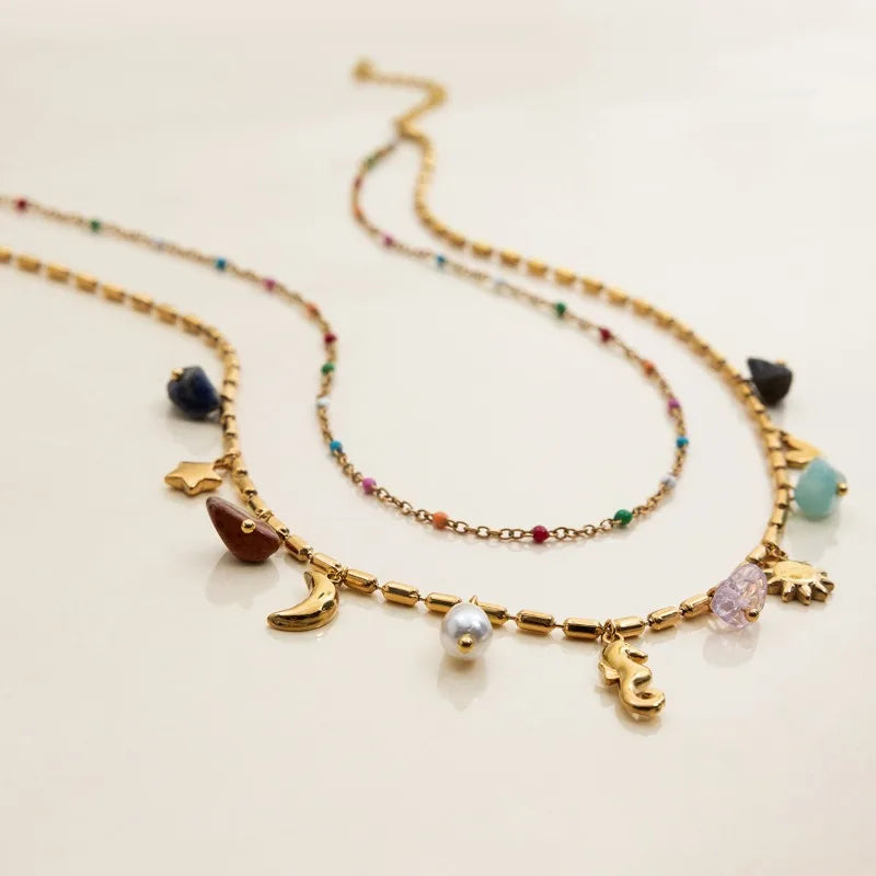 Boho Irregular Natural Stone Rhinestone Faux Pearl Sea Horse Star Moon Pendant Necklaces for Women Double Layers Choker Jewelry