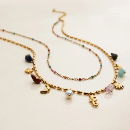 Boho Irregular Natural Stone Rhinestone Faux Pearl Sea Horse Star Moon Pendant Necklaces for Women Double Layers Choker Jewelry