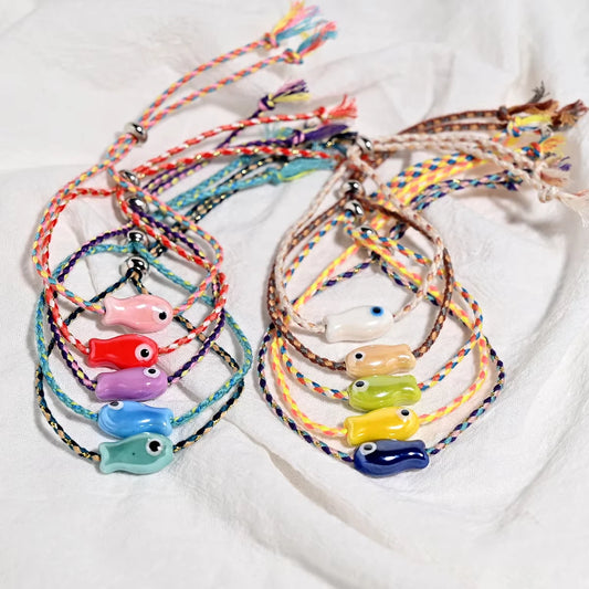 Set of 10Pcs Ceramic Fish Bracelet for Women Handmade Woven Colored Rope Boho Wrap Charm Bracelet Friendship Popular Jewelry