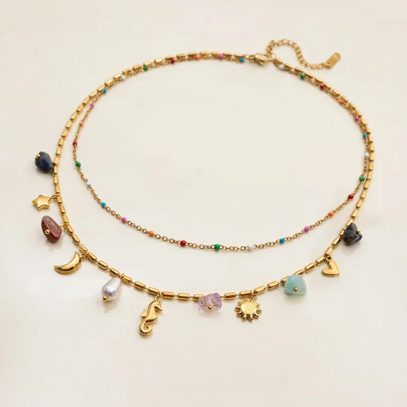 Boho Irregular Natural Stone Rhinestone Faux Pearl Sea Horse Star Moon Pendant Necklaces for Women Double Layers Choker Jewelry