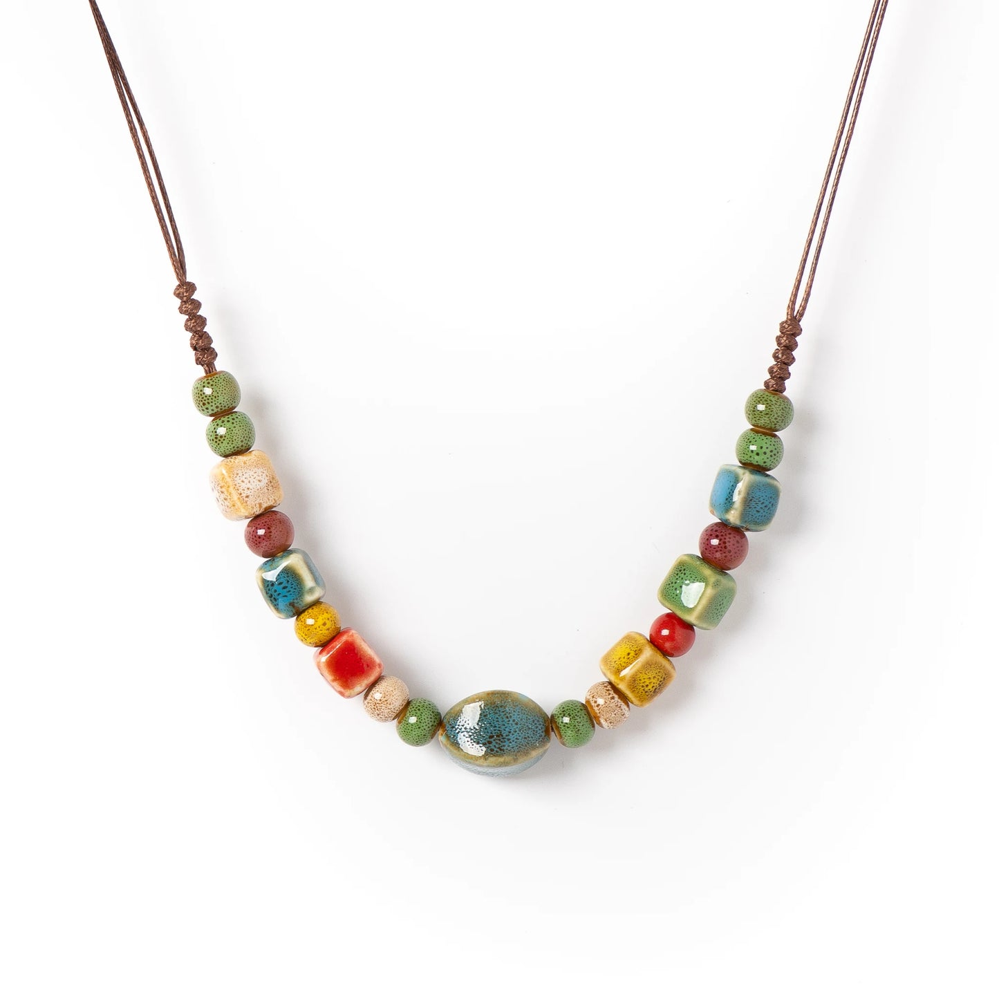 Boho Ceramic Beaded Necklace for Women Adjustable Handmade Simple Long Pendant Ethnic Style Jewelry