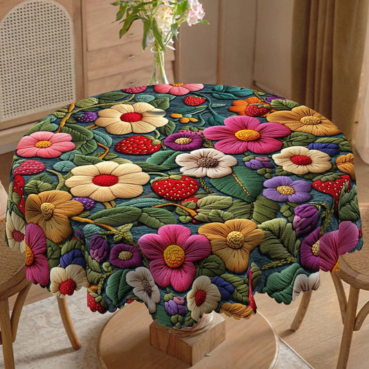 1 Piece of Spring Floral Print Tablecloth, Colorful Florals, Strawberry Pattern, Edge Embossing Process, Round and Rectangular Optional Suitable for Spring and Summer Indoor and Outdoor Table Decoration, Kitchen Decoration, P
