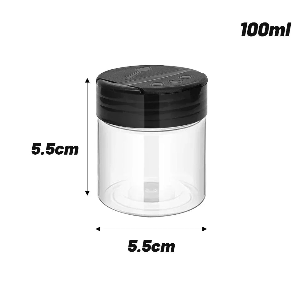 12/1Pcs Clear Plastic Spice Jars with Black Lids Reusable Screw-Top Containers for Kitchen Herbs Powders Peppers Grilling Jars