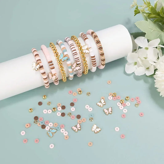 DIY Friendship Bracelet Set - Bohemian Style Clay Beads, Pink Blue Brown Combination, Used for Jewelry Making