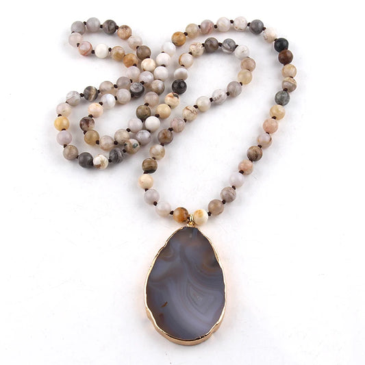 Fashion Boho Beaded Necklace Natural Stone Bohemai Beads Knotted Agt Stones Pendant Necklaces For Women Gift