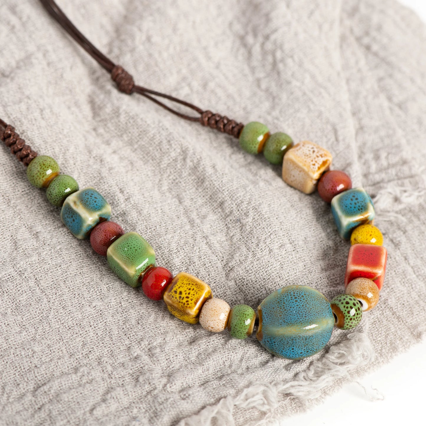 Boho Ceramic Beaded Necklace for Women Adjustable Handmade Simple Long Pendant Ethnic Style Jewelry