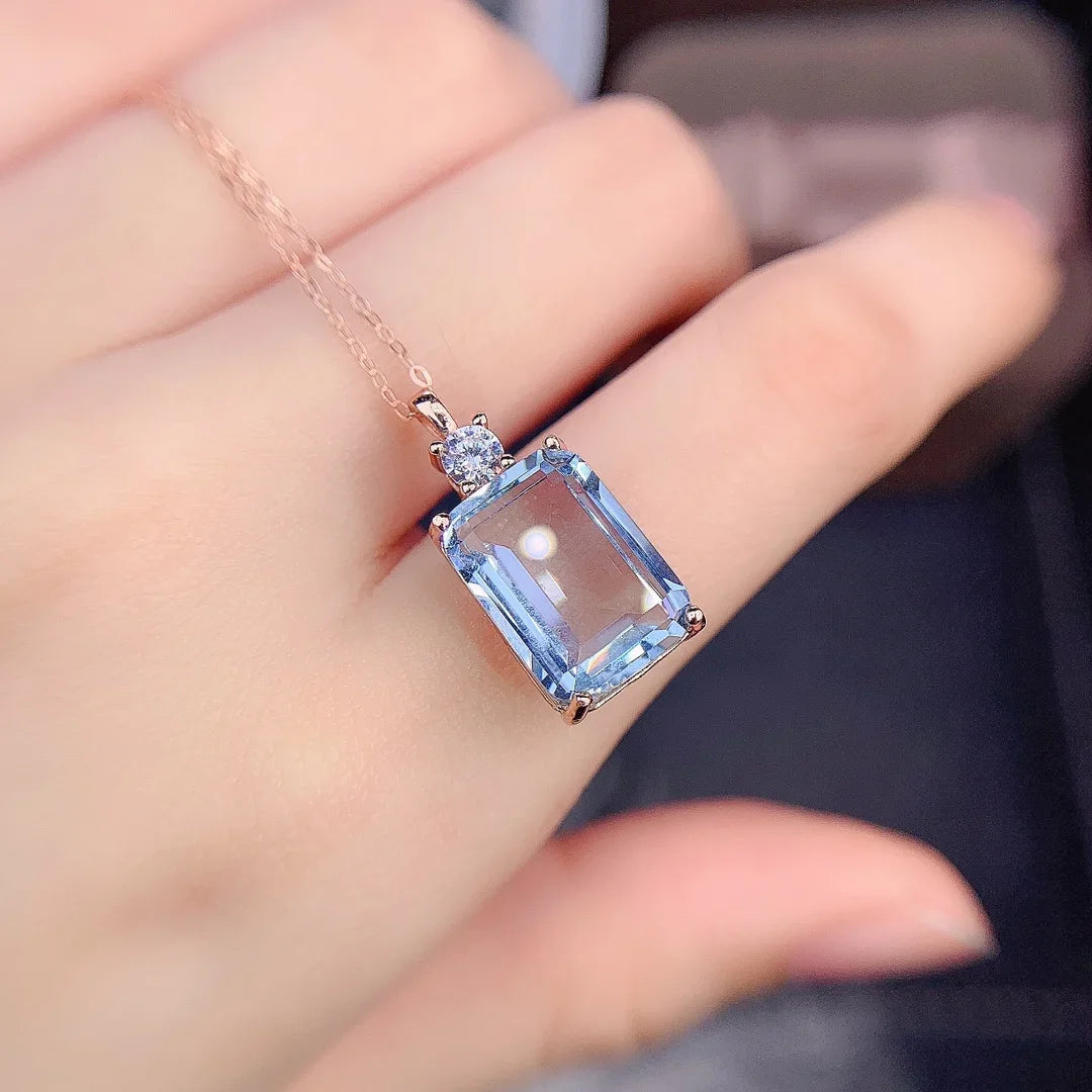 Necklace Women's Silver 925 Jewelry Natural Aquamarine Light Blue Gemstone Women's Pendant Gemstone Free shipping