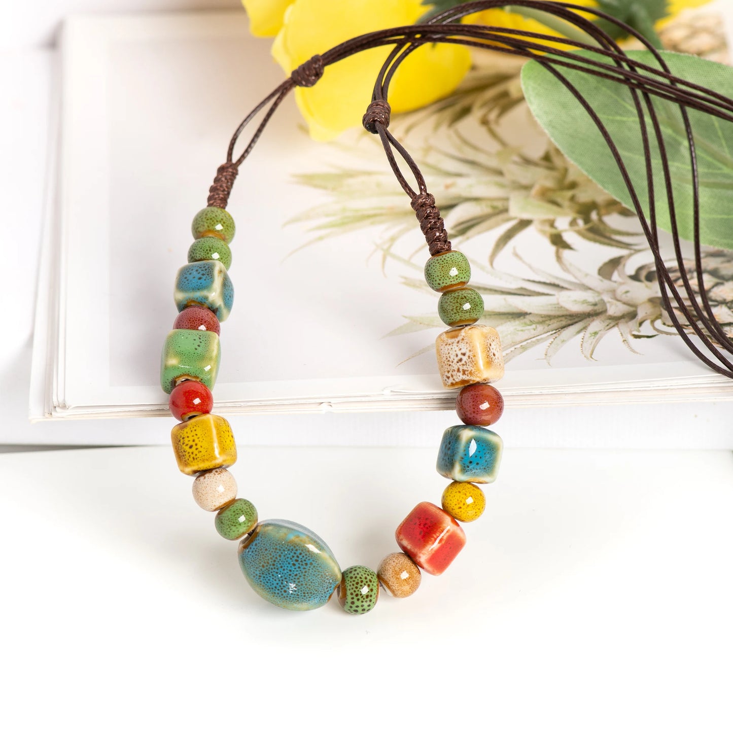 Boho Ceramic Beaded Necklace for Women Adjustable Handmade Simple Long Pendant Ethnic Style Jewelry
