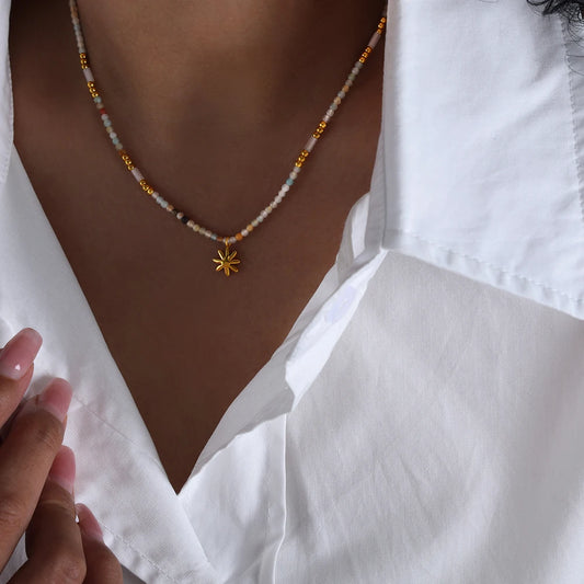 Natural Stone Bead Chain Necklace for Women Fashion Square Stainless Steel Pendant Boho Crystal Jewelry Girl Accessories