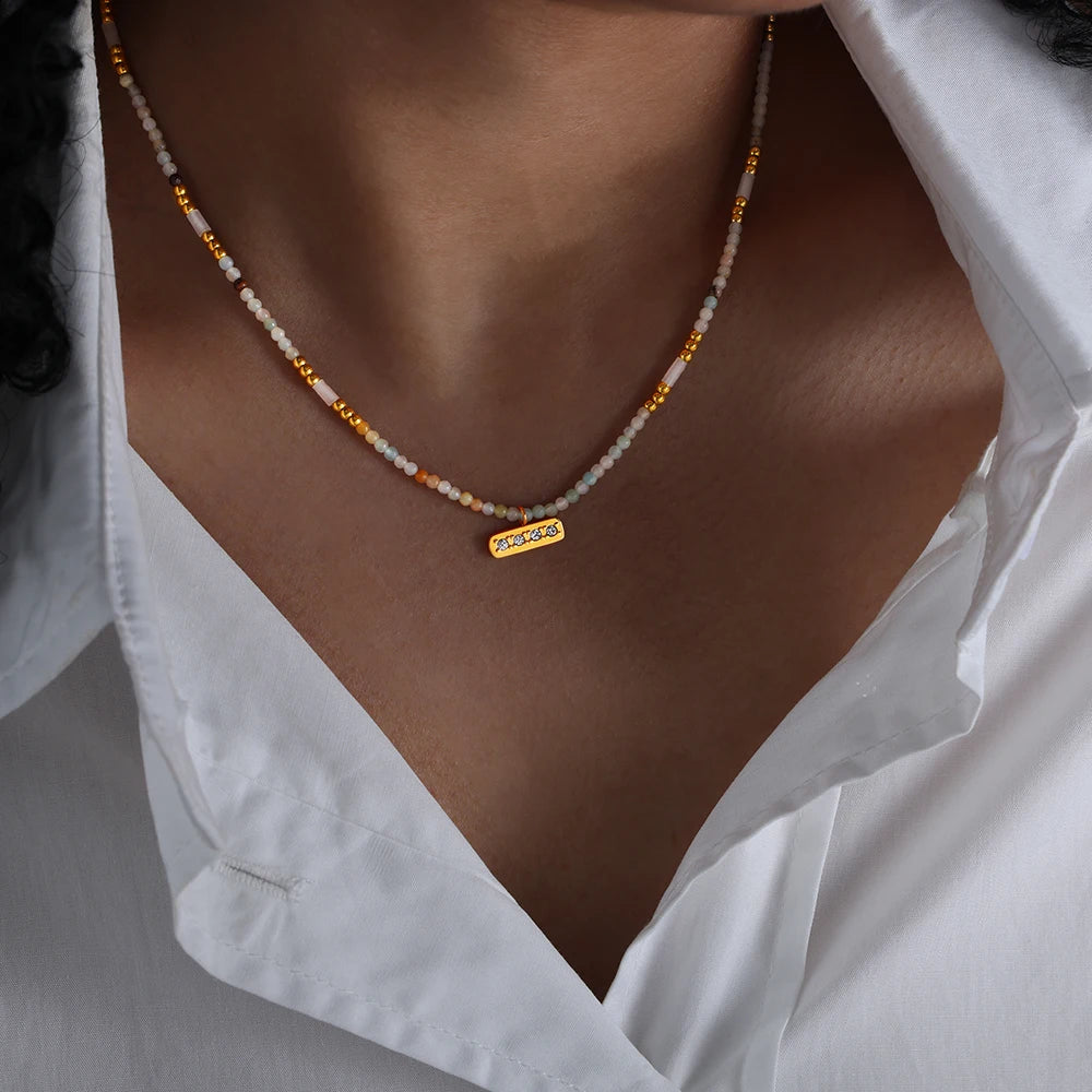 Natural Stone Bead Chain Necklace for Women Fashion Square Stainless Steel Pendant Boho Crystal Jewelry Girl Accessories