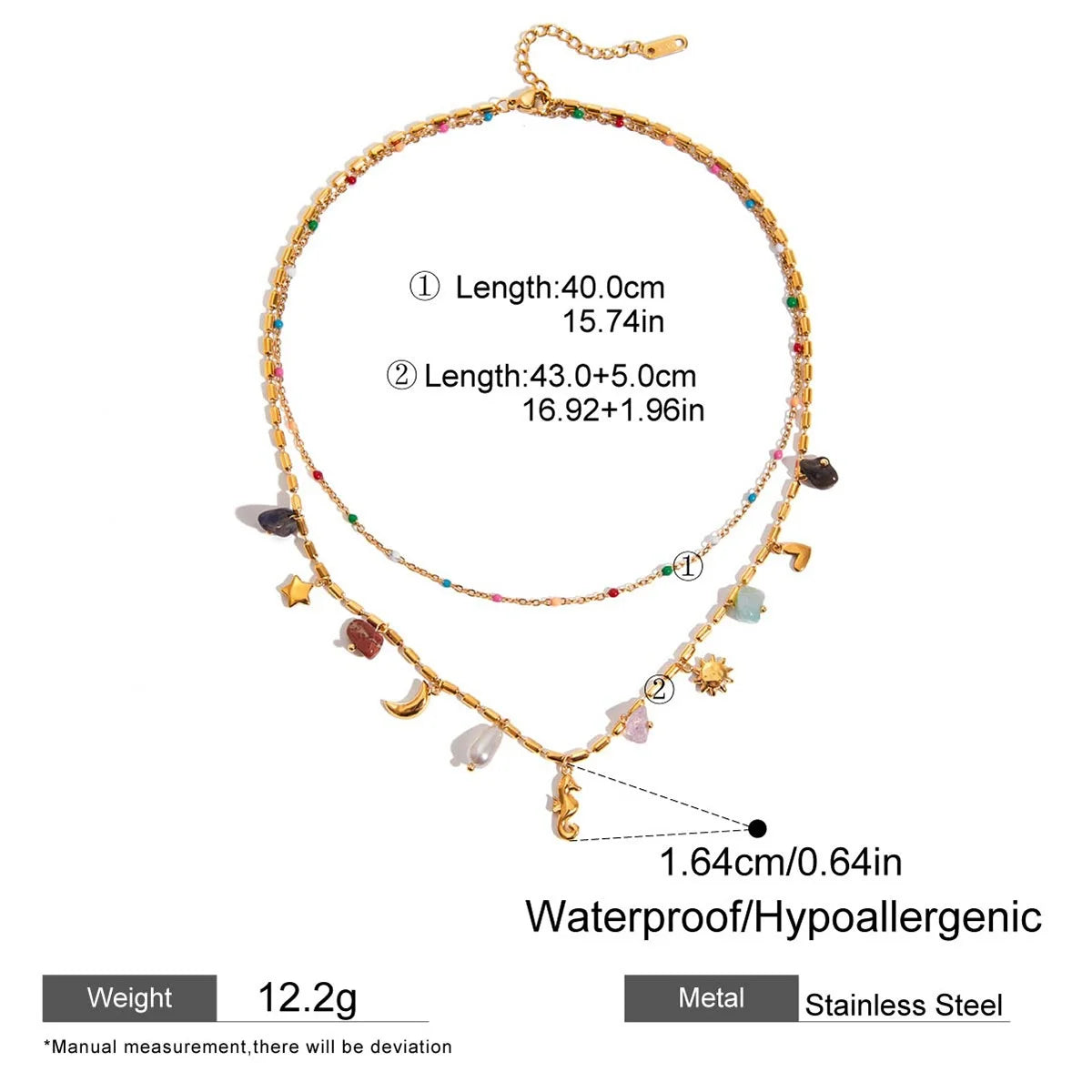 Boho Irregular Natural Stone Rhinestone Faux Pearl Sea Horse Star Moon Pendant Necklaces for Women Double Layers Choker Jewelry