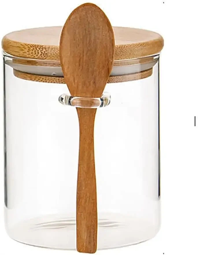 Airtight Glass Jars With Bamboo Lids And Spoons Glass Canisters With For Spice Beans Spooned seasoning jar