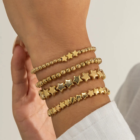 Boho Handmade Beaded Star Bracelet Combination Set Women's Retro Simple Gold Color Metal Bracelets Girly Charm Fashion Jewelry