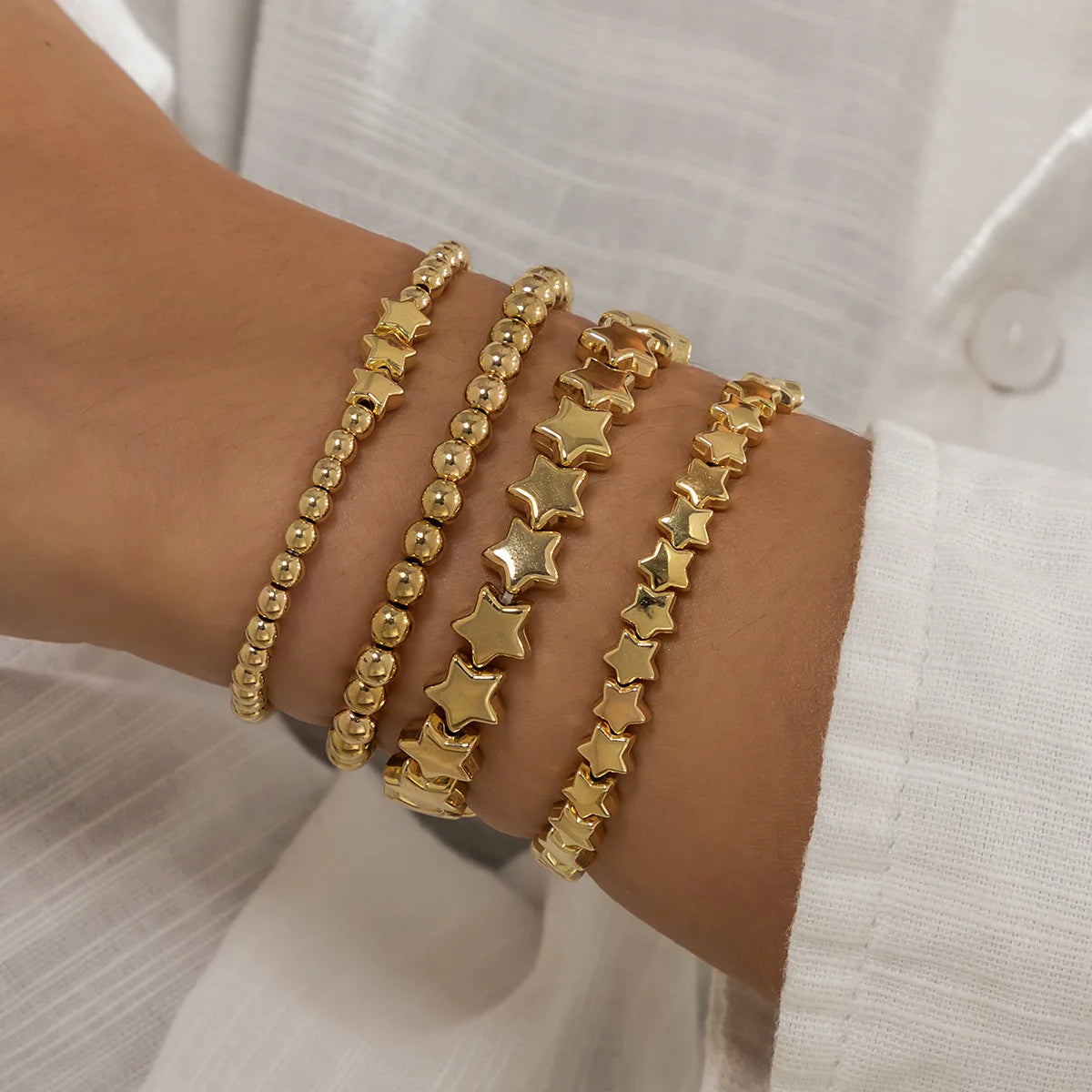 Boho Handmade Beaded Star Bracelet Combination Set Women's Retro Simple Gold Color Metal Bracelets Girly Charm Fashion Jewelry