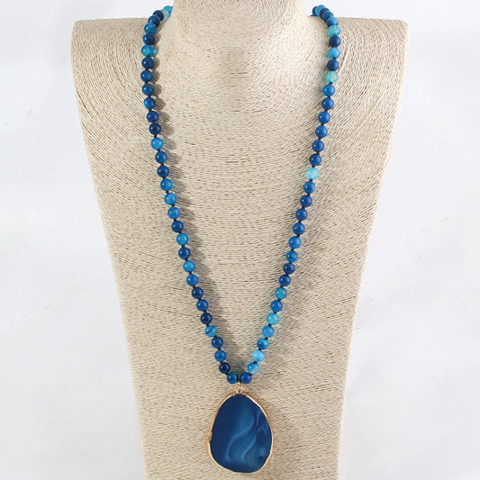 Fashion Boho Beaded Necklace Natural Stone Bohemai Beads Knotted Agt Stones Pendant Necklaces For Women Gift