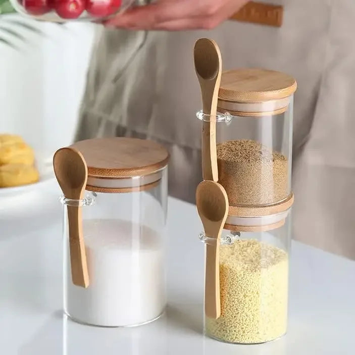 Airtight Glass Jars With Bamboo Lids And Spoons Glass Canisters With For Spice Beans Spooned seasoning jar