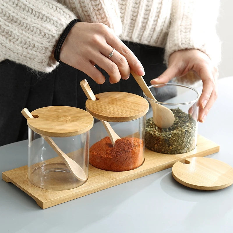 3Pcs Condiment Jars Set Clear Glass Bamboo Lid Spice Jar with Spoon Kitchen Sugar Salt Spices Storage Box Household Container