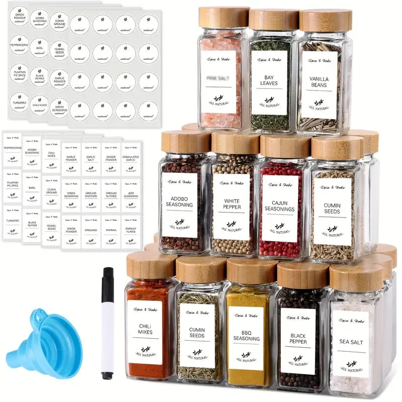 12 Pcs Glass Spice Jars with Bamboo Lids 4 oz Glass Jars with Minimalist Farmhouse Spice Labels Stickers Collapsible Funnel