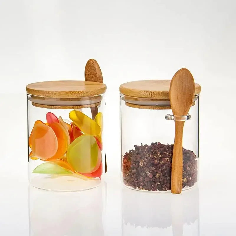 Airtight Glass Jars With Bamboo Lids And Spoons Glass Canisters With For Spice Beans Spooned seasoning jar
