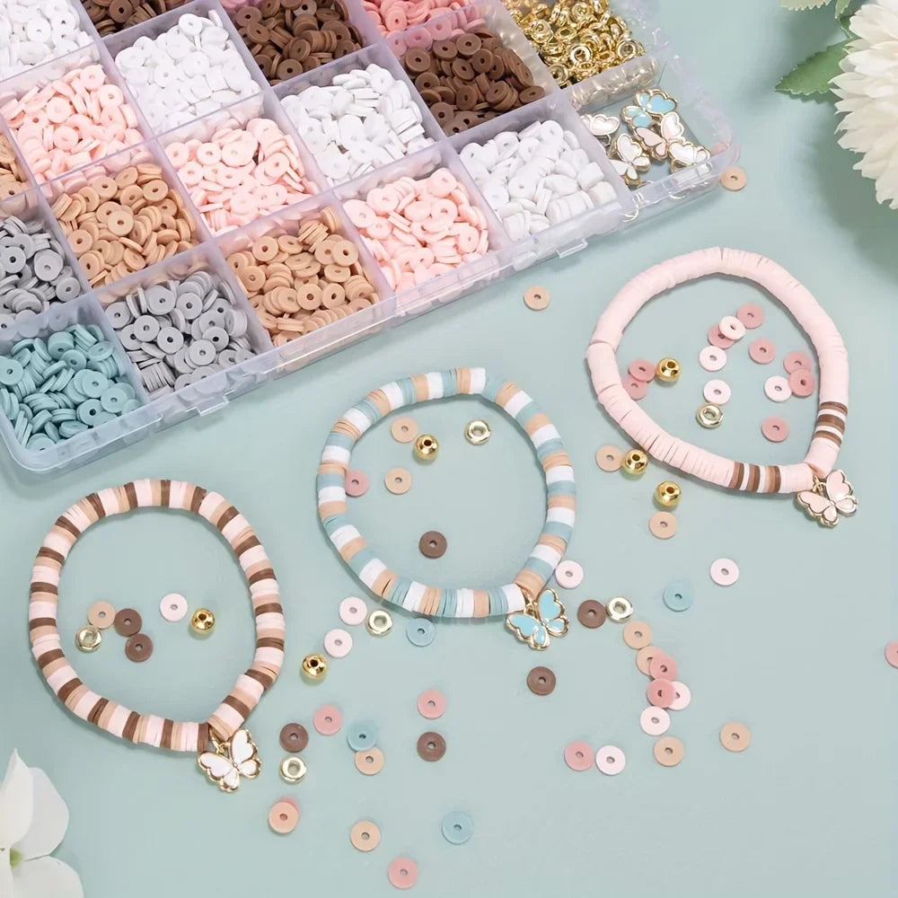 DIY Friendship Bracelet Set - Bohemian Style Clay Beads, Pink Blue Brown Combination, Used for Jewelry Making